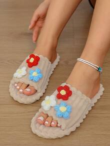 1 Pair Cute Contrast Color Floral Design Women's Plush Slippers, Open Toe Style, Comfortable And Easy To Wear For Home Leisure - Off-white - View 2