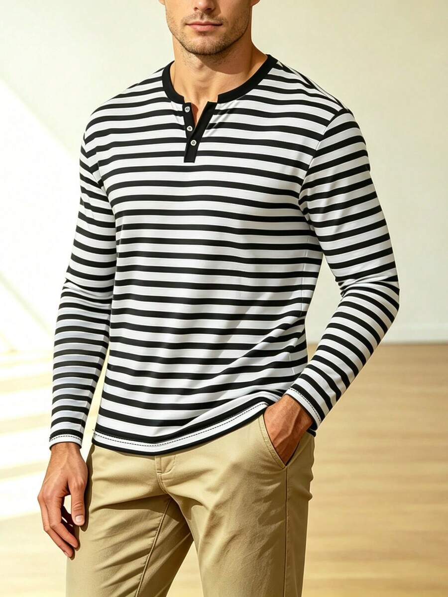Men's Casual Henley Shirt, Black And White Striped Long Sleeve Slim Fit ...