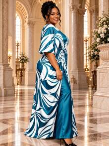 Plus Size 2 Pieces Pants Set Kaftan Top With Drawstring Wide Leg Pants African Print Outfit Elegant Church Wedding Guest Formal Wear New Fashion - Mint Blue - View 4