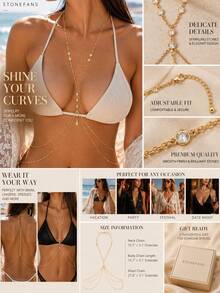 Bohemian Style Women's Sexy Bikini Chest Chain Waist Chain Gold Body Chain Jewelry Y2K Summer Vacation Body Accessory - Gold - View 5
