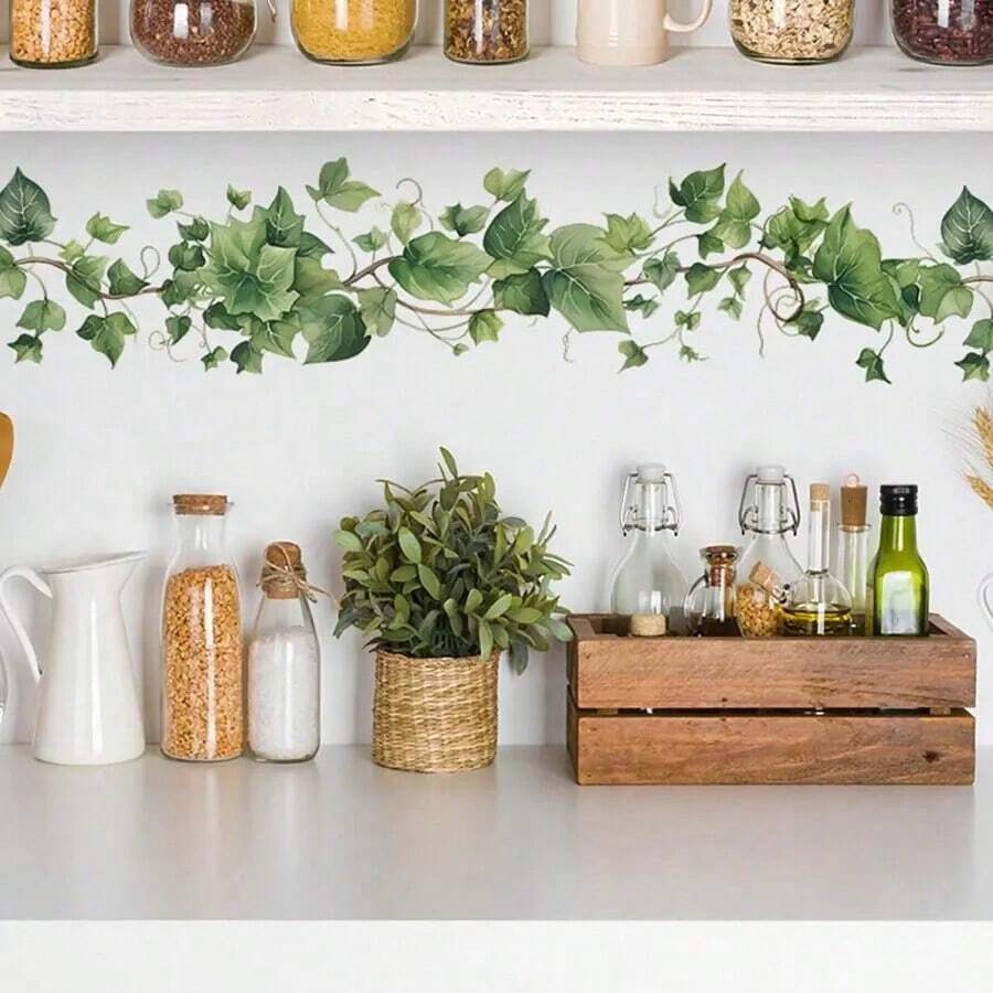 A Fresh Green Plant And Vine Wall Sticker, Stickers, Wall Decal, Vinyl Decal For Home Decorations, Spring Decoration Items Refresh Your Home, Festival Decoration Stickers Gifts Birthday Graduation Kitchen Decor - Multicolor - View 1