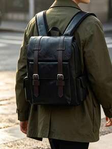 Men's Vintage Leather Backpack, Casual Business Travel Rucksack With Multiple Pockets, Classic Waterproof School Bag For Men, Professional, Laptop - Black - View 5