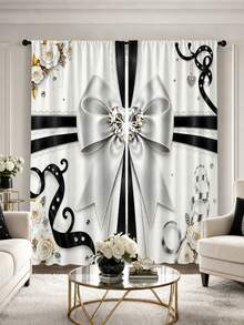 2Pcs Simple European Luxury Bow Camellia Wavy Print Pattern, Semi-Sheer Rod Pocket Curtains, Suitable For Living Room And Bedroom, Rod Not Included, Machine Washable - Black and White - View 4