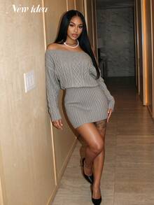 NEW IDEA Women's Casual Minimalist Grey Fall Winter Short Sweater Dress, Cable Knit Long Sleeve Mini Dress For Night Out, Daily Going Out, Party - Grey - View 4