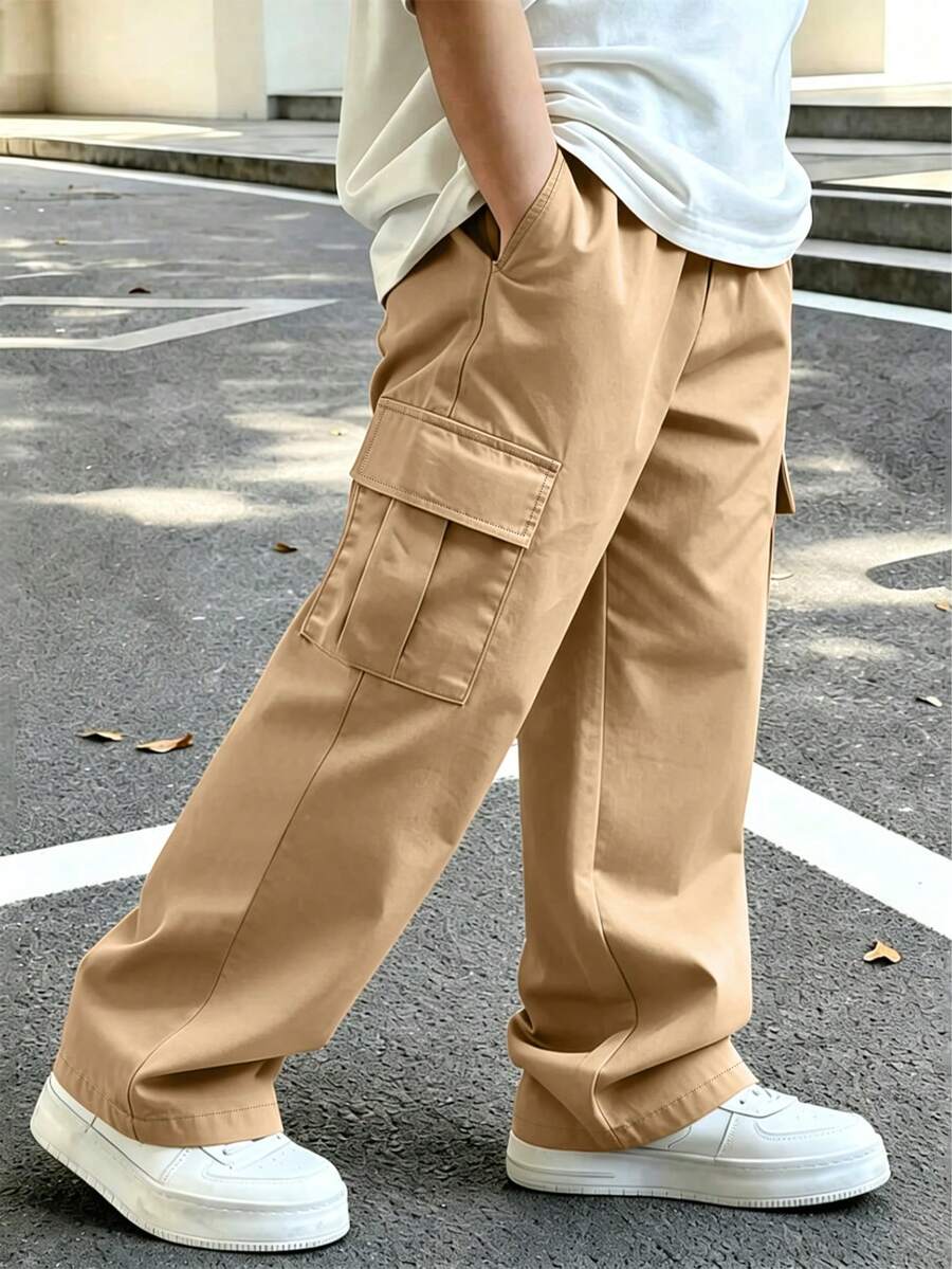 Boys' Street Style Solid Color Wide Leg Cargo Pants, Multi-Pocket Elastic Waist School Uniform Pants - Khaki - View 1