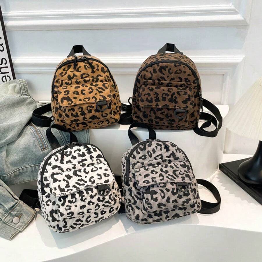 1pc Autumn/Winter Corduroy Leopard Print Mini Backpack, Outdoor Casual Small Backpack, Fashion Leopard Print Corduroy Backpack, College Style Travel Bag - Leopard Print - View 1