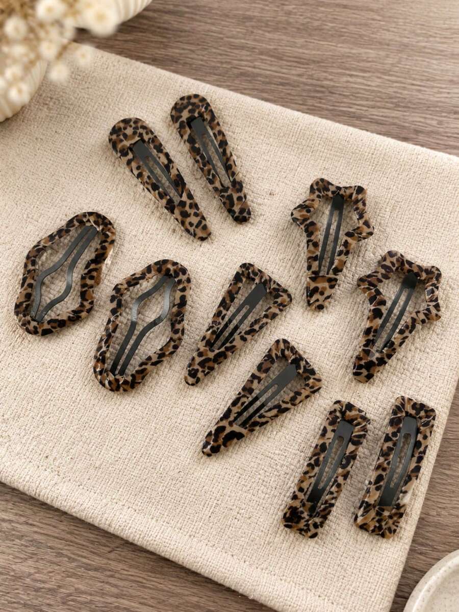 4pcs Girls Vintage Leopard Print BB Hair Clips, Multiple Hollow Star Water Drop Geometric Side Bang Clips, Children Hair Accessories, Suitable For Daily Wear - Multicolor - View 1