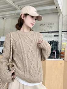 Sweater Pullover Rajut Bergaris Lengan Panjang Motif Argyle untuk Wanita, Potongan Reguler, Kain Elastis Tinggi, Mode Musim Gugur - Khaki - View 7