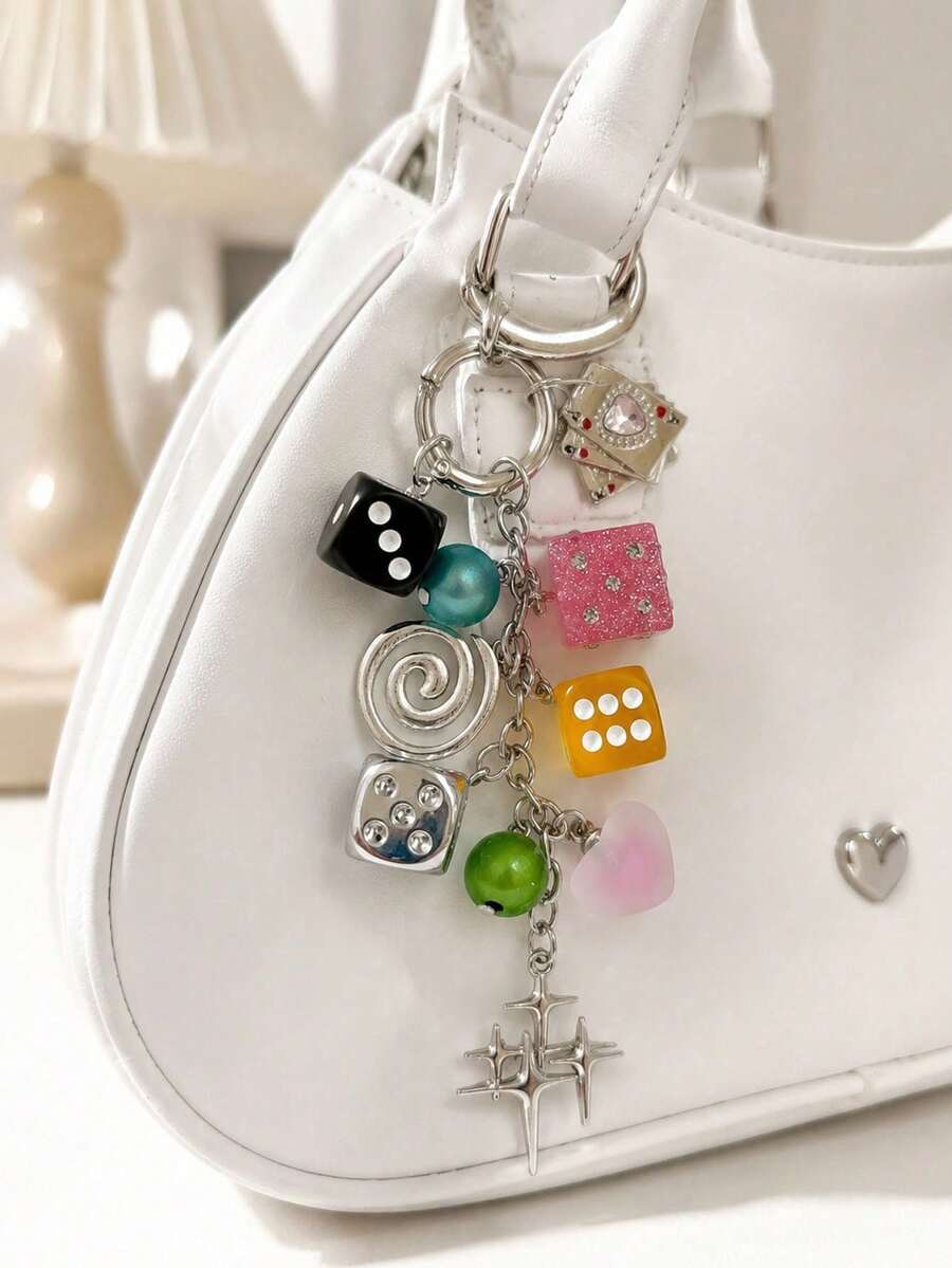 Y2K Dice Beaded Bag Charm Keychain With Playing Card Heart Star Pendants Cute Kawaii Aesthetic Purse Accessory, Street Style Handbag Decoration - Multicolor - View 1