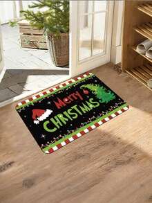 1pc Red And White Striped Christmas Hat And Christmas Tree Design Welcome Mat - Non-Slip, Machine Washable, Suitable For Entrance Door, Bathroom, Kitchen, Bedroom, Laundr - Green - View 7