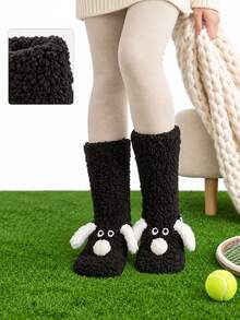 1 Pair Cute Women Plush Mid Calf Socks, 3D Floppy Ear Puppy Cartoon Floor Sleep Socks, Thick Coral Fleece Warm Cozy Socks Ins Calf Socks,Winter - Multicolor - View 9