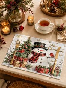 Christmas Table Runner, Pillow Case, Placemat, Winter Snowman Red Cardinal Christmas Tree Gift Box Pattern, Gold Snowflake Star Print, Vintage Country Style, Suitable For Home Dining Room Party Indoor Outdoor Winter Holiday Decoration - Multicolor - View 5