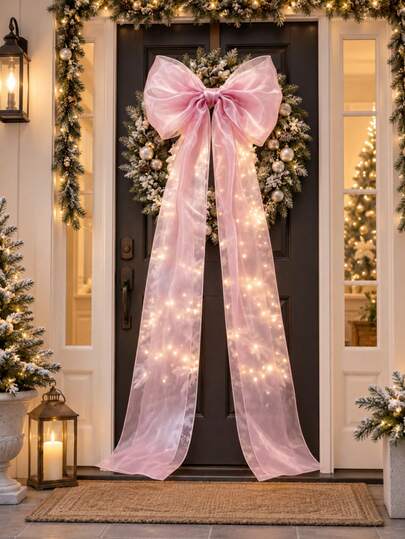 1 pieza Lazo de Navidad de organza con brillo de perla rosa de 200 cm - Lazo de cinta transparente extra grande, adorno colgante, adecuado para árbol de Navidad, puerta, ventana, escalera y decoración de fiesta navideña
