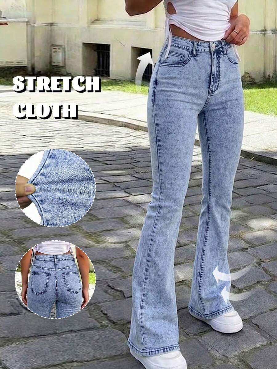 Y2K Flare Jeans Women Solid Color High Waist Slim Fit Flattering Stretch Casual Versatile Street Style