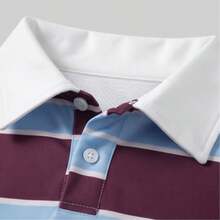 Men's Purple & Blue Colorblock Gradient Striped Polo Collar Long Sleeve Casual Retro Top, Suitable For Commute, Campus And Daily Wear, Spring/Autumn - Blue - View 7