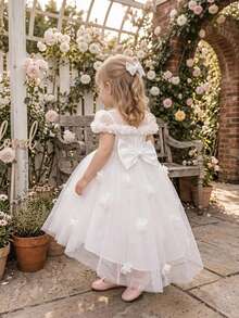 Baby Girls 3D Floral Mesh Bow Cute Party Dress Suitable For 1st Birthday Flower Girl, Headband Not Included - White - View 3