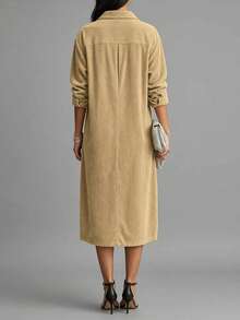 Fashionable Corduroy Women Mid-Length Dress With Lapel Design Long Sleeve Button Detail & Practical Pockets Autumn Outfit Choice - Yellow - View 3