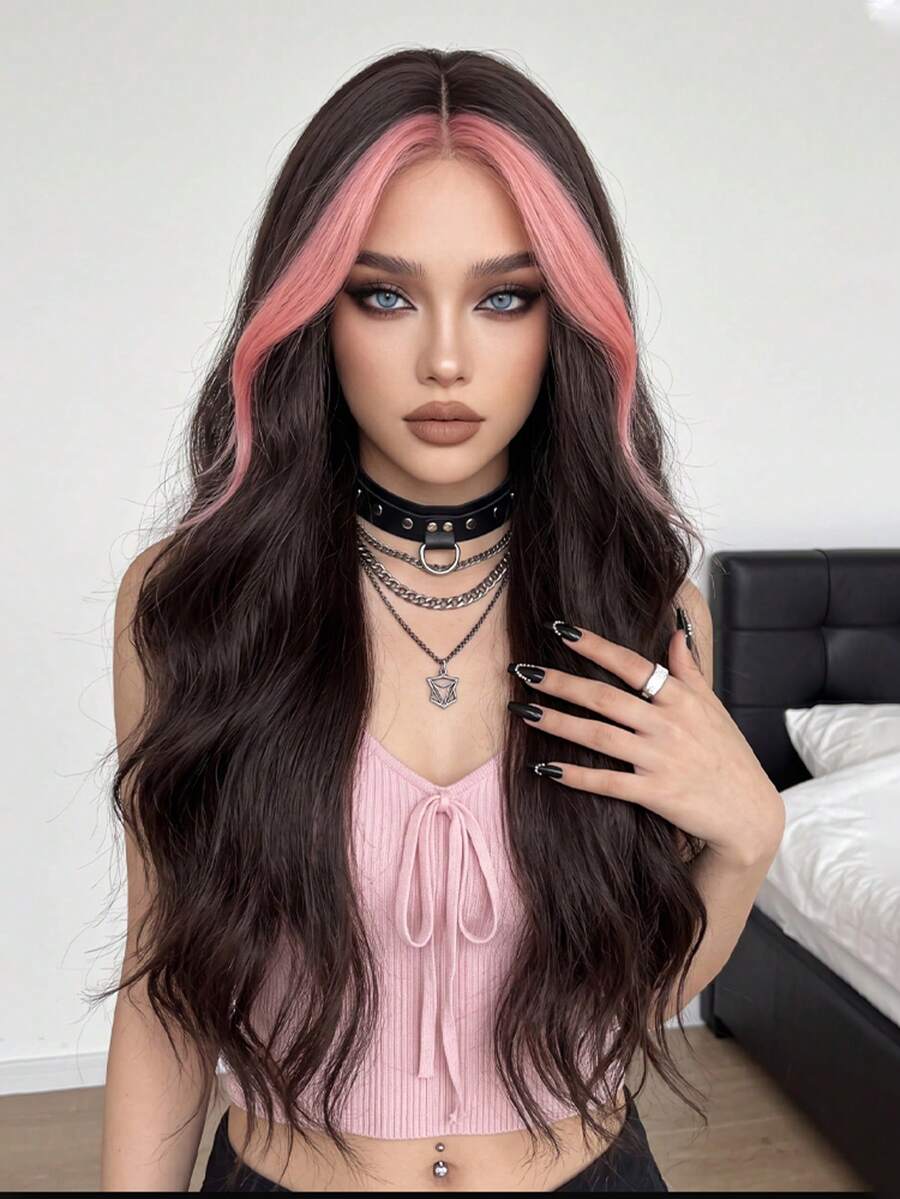 AKAKO Pink Highlights Wig Loose Long Body Wave Middle Part Wig, Synthetic Heat-Resistant Fiber Hair Halloween Costume Wig For Music Festival Party Wear, Cosplay Use 26 Inch
