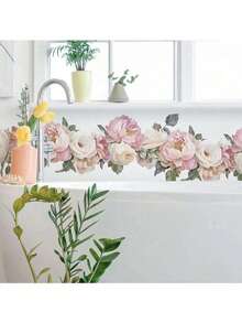 1pc Pink Flowers And Green Leaves Wall Sticker, Vinyl Decal For Home Decorations, Refresh Your Home, Festival Decoration Stickers Gifts Birthday Graduation - Multicolor - View 10