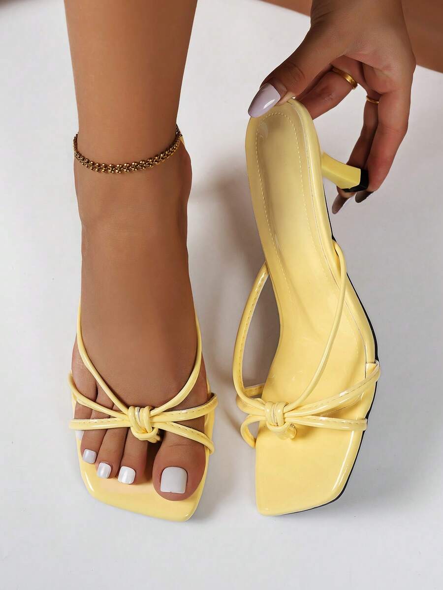Women's French Square Toe Multi-Strap Knotted Toe-Clip Design Silver High Heel Sandals, Fashionable Minimalist Elegant Style, Suitable For Dresses, Dates And Parties - Yellow - View 1