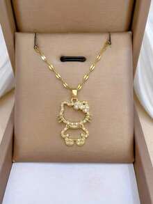 SANRIO 1pc, Cartoon Anime Character Hello Kitty Cute Hollow Pendant Necklace - Gold - View 4