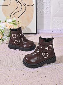 Girls' Pearl Buckle Ankle Boots With Side Zipper, Thick Sole, Anti-Slip, Vintage British Style, Fashion Casual Boots For Autumn/Winter - Brown - View 2