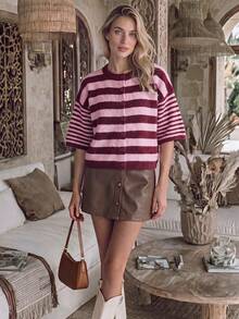 NiceArt Women's Crew Neck Color Block Stripe Short Sleeve Knit Cardigan, Button Front Cropped Relaxed Fit, Sweet Preppy For Fall Winter Office Daily Outfit - Multicolor - View 3