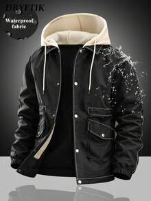 Men's Adjustable Hood Drawstring Elastic Ribbed Cuffs Outdoor All-Scenario Suitable Colorblock Hooded Jacket Contrast Stitching Multi-Pocket Design Windproof Durable Woven Fabric - Black - View 1