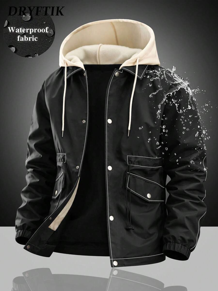 Men's Adjustable Hood Drawstring Elastic Ribbed Cuffs Outdoor All-Scenario Suitable Colorblock Hooded Jacket Contrast Stitching Multi-Pocket Design Windproof Durable Woven Fabric - Black - View 1