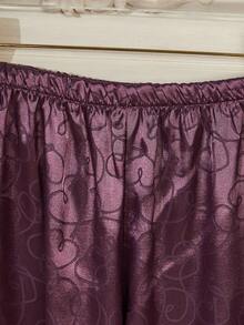 Set Piyama Celana Panjang Lengan Panjang Kancing Depan dengan Saku Tempel Satin Jacquard Hati Musim Gugur/Dingin untuk Wanita - Purple - View 4