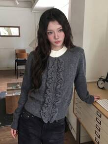 Autumn/Winter New Korean Style Round Neck Cable Knit 2 In 1 Cardigan Casual Versatile Sweater Top - Dark Grey - View 1