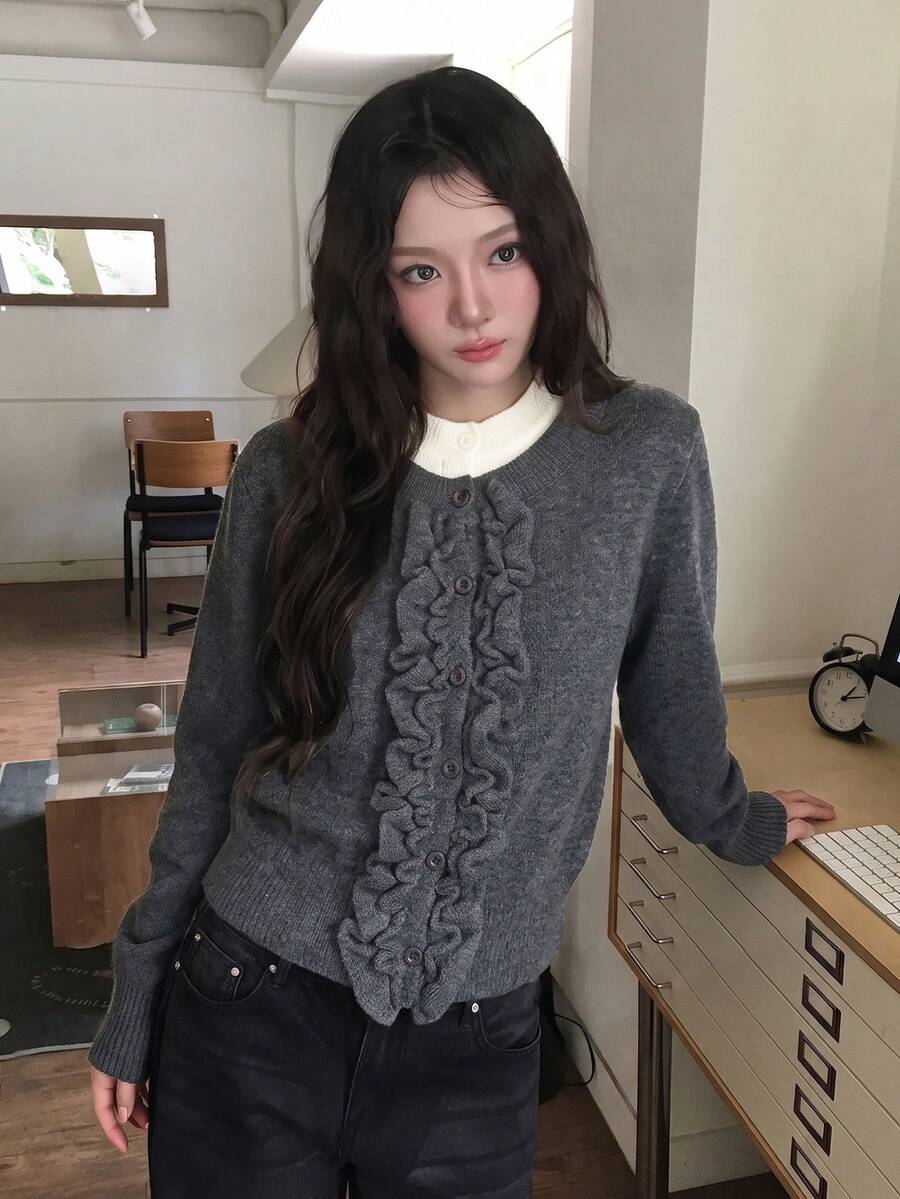 Autumn/Winter New Korean Style Round Neck Cable Knit 2 In 1 Cardigan Casual Versatile Sweater Top - Dark Grey - View 1