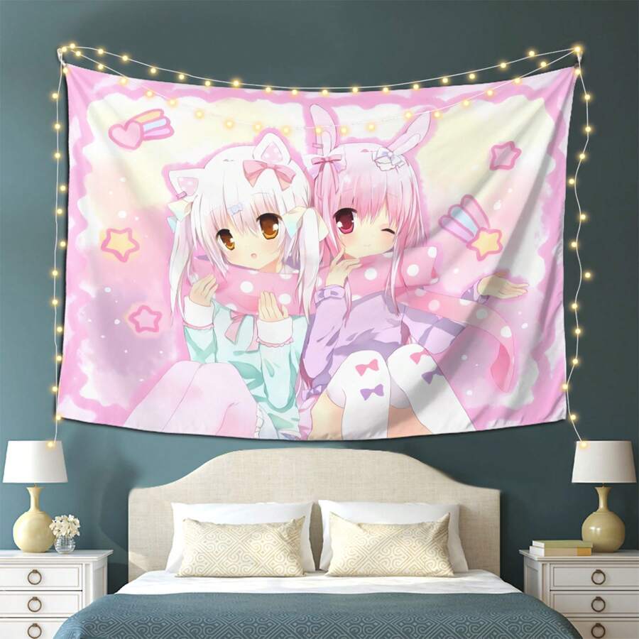 White Rabbit Ear Girl Theme Tapestry, Suitable For Holidays, Gifts And Year-Round Room Decor, Anime Style Wall Hanging, Suitable For Bedroom And Living Room, Multiple Sizes Available, Includes Installation Kit - Multicolor - View 1