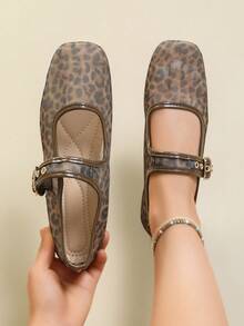 Women's Coffee Brown Flat Mary Jane Shoes With Leopard Print Mesh And Buckle Strap - Coffee Brown - View 6