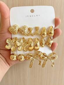 4/16PCS Fashion Women Geometric Multi-Element Gold Metallic Earring Set, Suitable For Daily & Festival Wear, (Lightweight CCB Material, Non-Fading/No Drooping Feeling) - Gold - View 8