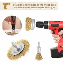 9-teiliges Drahtbürsten-Set für Bohrmaschine, Messingbeschichtete Stahldraht-Bürsten für Rostentfernung Entgraten Polieren Reinigen, für Metall Stein & Holz - A - Übersicht 2