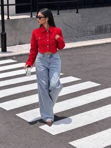 Women's Red Short Denim Shacket, Long Sleeve Shirt Collar Jacket, Gold Button Detail, Non-Stretch Fabric, Suitable For Daily Wear - Red - View 2