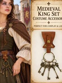 Medieval Vintage PU Leather Key Holder Set, Belt Pouch With Antique Skull Key, Halloween Renaissance Cosplay & Live Action Roleplay Costume Prop - A - View 9