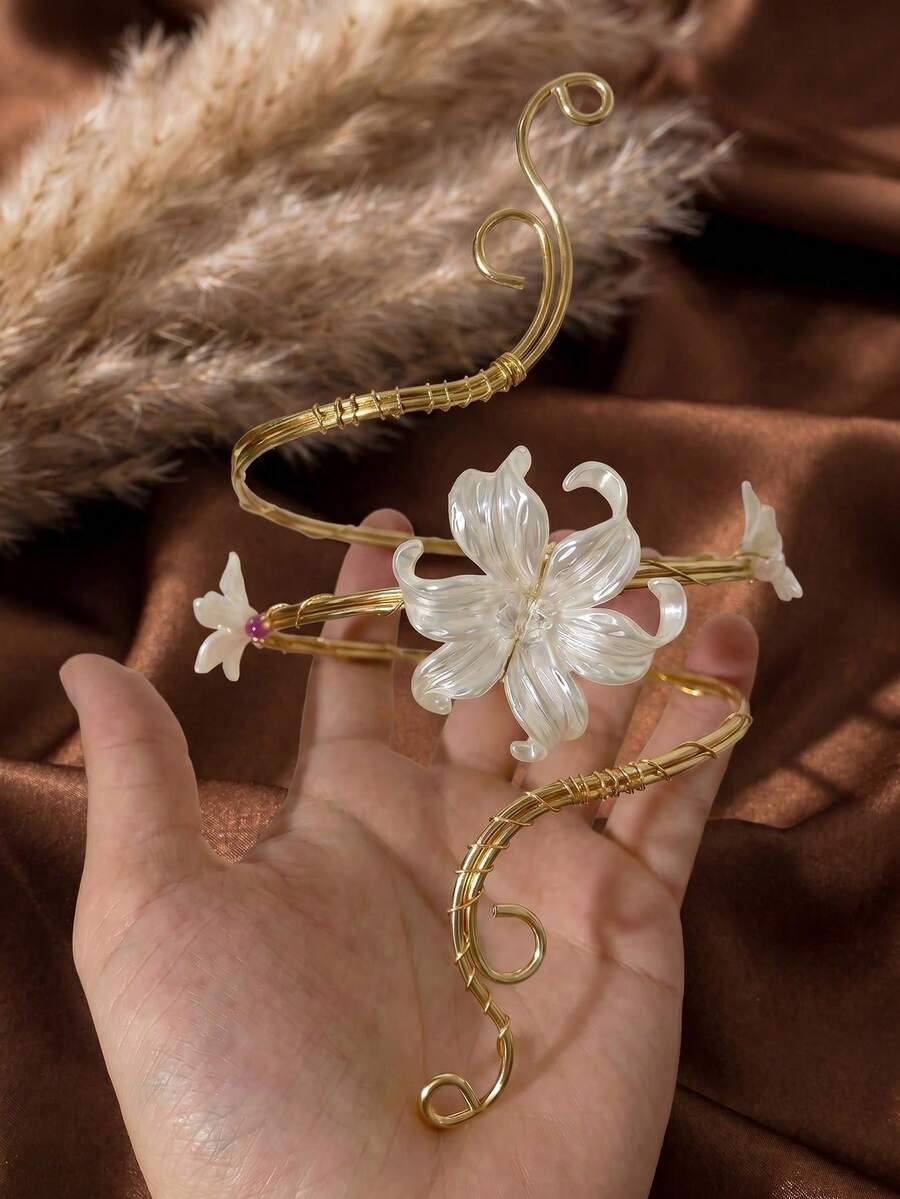 1pc Summer Fashion Floral Arm Chain Exaggerated Geometric Open Metal Bracelet Arm Cuff, Suitable For Vacation, Party, Gathering - Multicolor - View 1