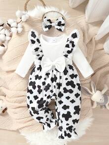 2-Piece Set, For Baby Girls, Soft And Comfortable, Casual, Stylish, Elegant And Cute, Featuring Lace Trim, Embroidered Bow Decorations, Patchwork Prints, And Ruffled Hem Rompers And Headband Set. Suitable For Everyday Wear, Vacations, Parties, Outdoor Activities, And Photoshoots. - Multicolor - View 2