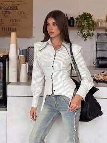 Women's Fashion Striped Shirt, Contrast Trim Asymmetrical Hem, Long Sleeve Button Front Polyester Blouse, Perfect Choice For Autumn - White - View 2