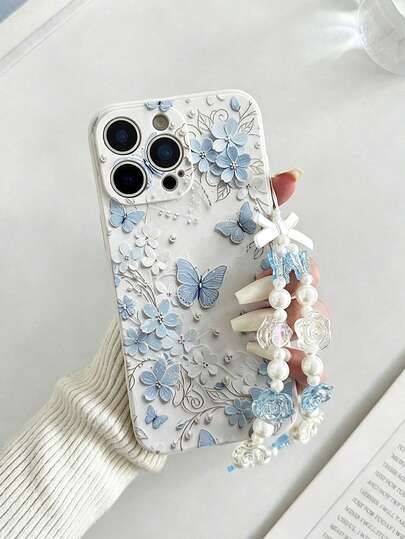 Precise Hole Straight Edge Blue Flower Butterfly Painted Anti-Fall Phone Case Suitable For 17/17Pro/17Promax, 16/16Plus/16Pro/16Promax, 15/15Plus/15Pro/15Promax, 14/14Plus/14Pro/14Promax, 13/13Pro/13Promax, 12/12Pro/12Promax, 11/11Pro Max Anti-Fall Protective Cover