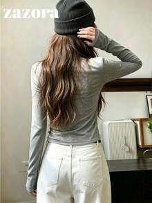 Korean Style Rolled Edge U-Neck Versatile Long Sleeve Knit Base Layer Top Women Innerwear T-Shirt - Grey - View 5