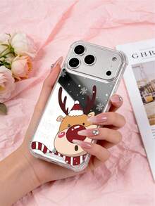 Mirror Finish Phone Case With Cartoon Reindeer Pattern, Silver Shiny Back With Snowflake Design, Happy Time Lettering, Cute Festive Gift For Women - Multicolor - View 4