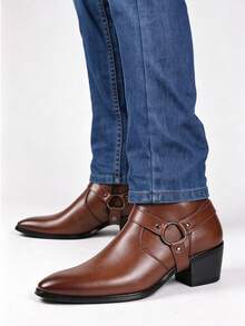 New Men's High Heel Leather Boots, Retro Western Cowboy Boots With Metal Buckle Strap And Side Zipper, Elevated Formal Boots, British Style - Brown - View 6