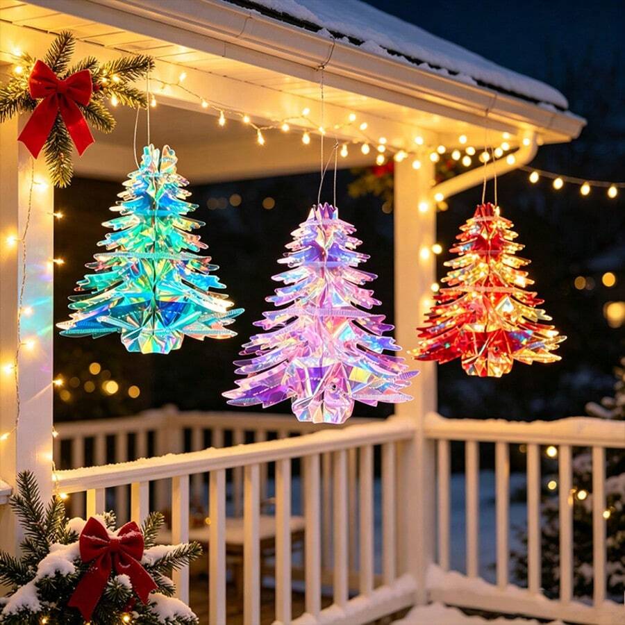 3pcs Colorful Laser Christmas Tree Hanging Decorations, Easy To Hang On Ceiling, Wall, Christmas Tree, Window Or Door, Adding A Special Atmosphere. Perfect For Christmas, Wedding, Birthday Party, Graduation Ceremony, Celebration Decoration. - Multicolor - View 1