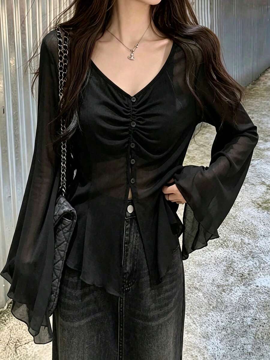 Women's Sun Protection Cardigan, Sexy Black Summer New Thin Design V-Neck Flared Long Sleeve Top - Black - View 1