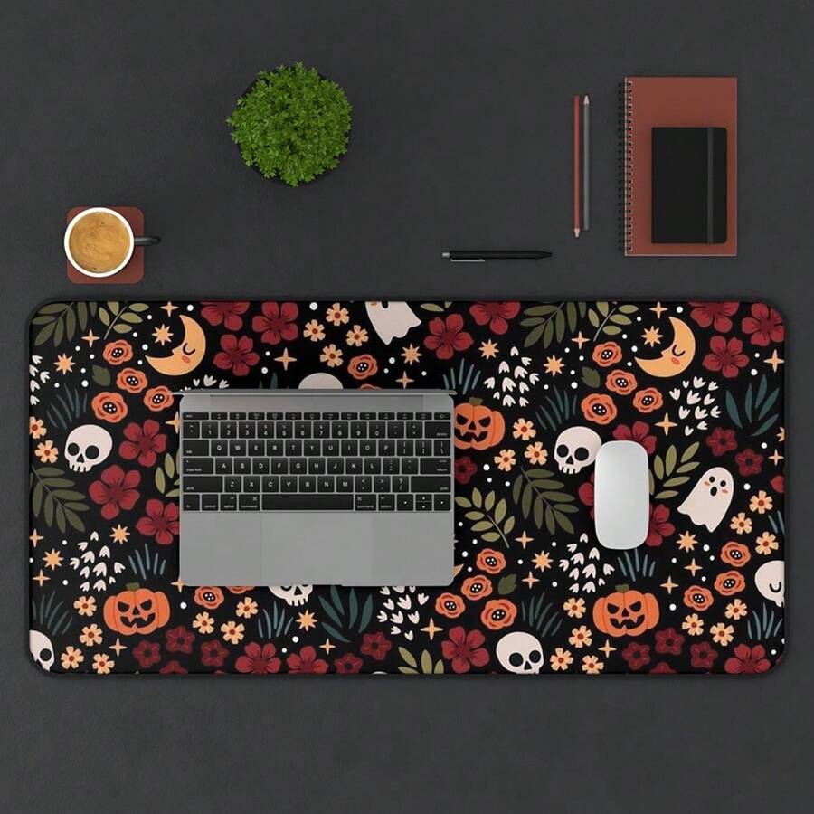 1pc Large Halloween Floral Skull Mouse Pad, Bohemian Style Pumpkin Ghost Moon Vintage Desk Mat, Non-Slip Gaming Keyboard Pad - View 1