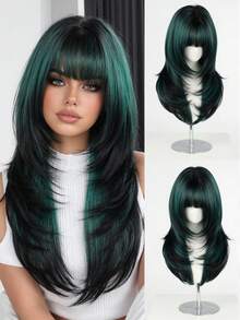 22Inch Orange Black Ombre Medium-Length Wig With Bangs For Women, Dark Roots Soft Heat-Resistant Full Machine Synthetic Straight Wigs For Party Cosplay Halloween Wear, Music Festivals Celebrations Use For Daily Party Use Or Treat Wear Beginners - Multicolor - View 14