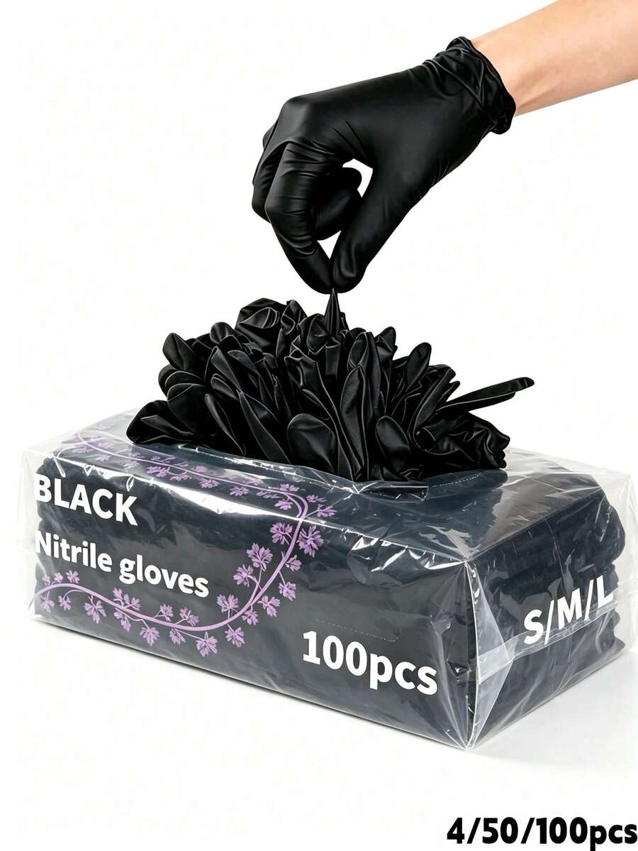 100pcs Black Powder-Free Nitrile Gloves, Latex-Free, Disposable Gloves, Durable Household Cleaning Gloves, Suitable For Hair Dyeing, Tattooing, Machine Maintenance And Cleaning, Multi-Purpose Hand Protection, Kitchen Essential (Bagged) 4/50/100Pcs, Daily Use